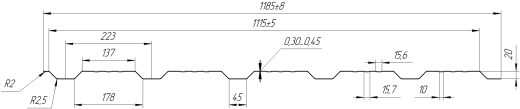 Профнастил К20 1185/1120x0,5 мм, 9006 бело-алюминиевый глянцевый