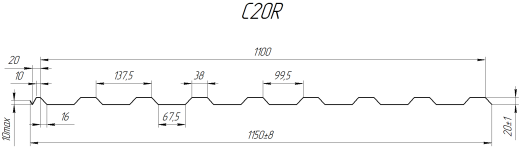 Профнастил С20R 1150/1100x0,5 мм, 7040 серое окно глянцевый